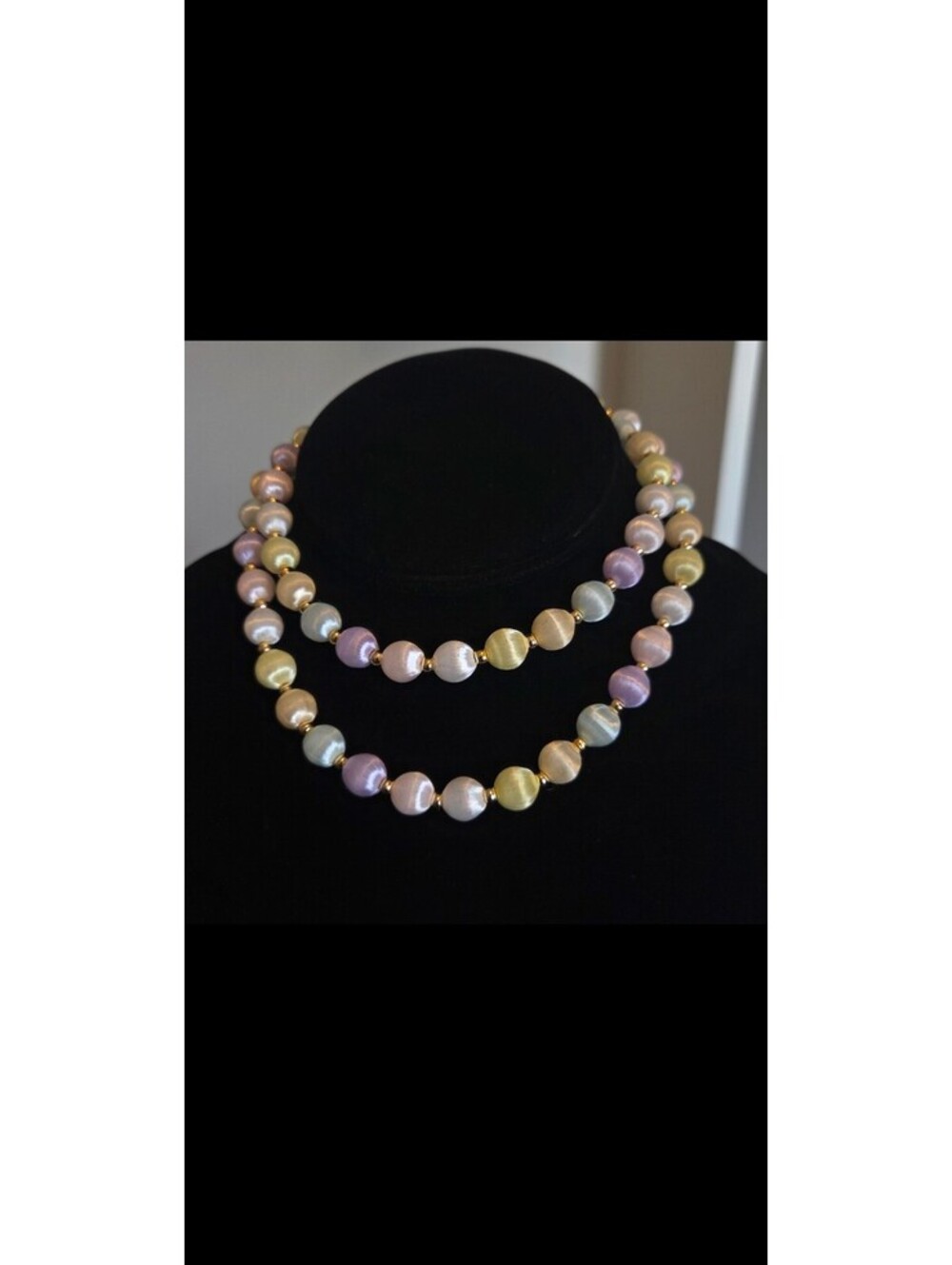Vintage Multi-Color Pastel Satin Ball Necklace with gold tone separator beads